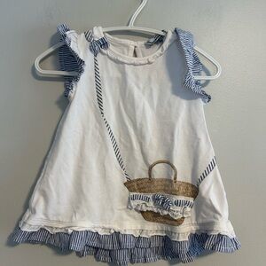 Mayoral 12m white & blue Striped Ruffle short sleeve Dress with Basket Design